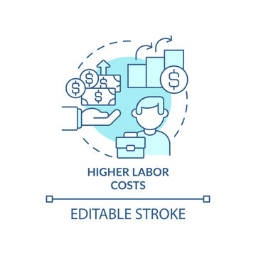 Higher Labor Costs Turquoise Concept Icon. Worker Benefits. Macro Economy Trends Abstract Idea Thin Line Illustration. Isolated Outline Drawing. Editable Stroke. Arial, Myriad Pro-Bold Fonts Used