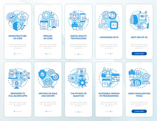 Macro trends blue onboarding mobile app screen set. Tendencies walkthrough 5 steps graphic instructions pages with linear concepts. UI, UX, GUI template. Myriad Pro-Bold, Regular fonts used