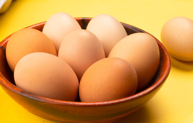 Organic chicken eggs on the table. Eggs are good for everyone and health. Farm products, natural eggs.