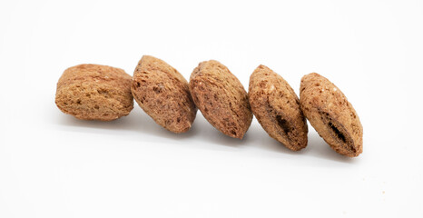selective focus, chocolate chips isolated on white background