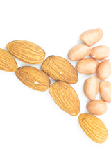 peanuts and almond nuts isolated on white background.