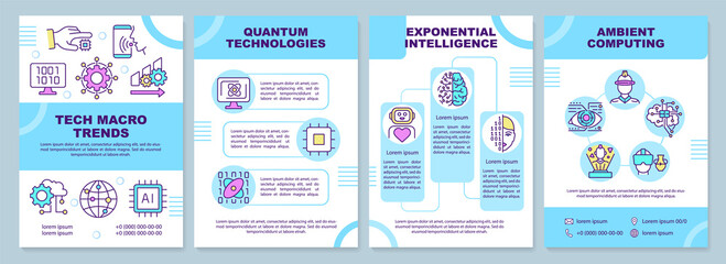 Technology trends blue brochure template. Tech development. Leaflet design with linear icons. 4 vector layouts for presentation, annual reports. Arial-Black, Myriad Pro-Regular fonts used