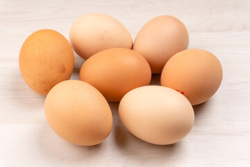 Organic chicken eggs on the table. Eggs are good for everyone and health. Farm products, natural eggs.