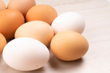 Organic chicken eggs on the table. Eggs are good for everyone and health. Farm products, natural eggs.