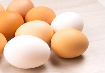 Organic chicken eggs on the table. Eggs are good for everyone and health. Farm products, natural eggs.