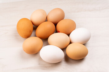 Organic chicken eggs on the table. Eggs are good for everyone and health. Farm products, natural eggs.