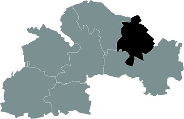 Black flat blank highlighted location map of the PAVLOHRAD RAION inside gray raions map of the Ukrainian administrative area of Dnipropetrovsk (Sicheslav) Oblast, Ukraine