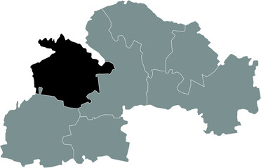 Black flat blank highlighted location map of the KAMIANSKE RAION inside gray raions map of the Ukrainian administrative area of Dnipropetrovsk (Sicheslav) Oblast, Ukraine