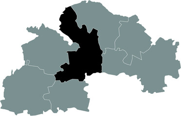 Black flat blank highlighted location map of the DNIPRO RAION inside gray raions map of the Ukrainian administrative area of Dnipropetrovsk (Sicheslav) Oblast, Ukraine