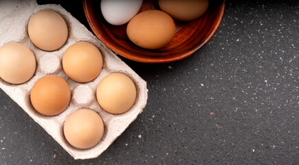 Organic chicken eggs on the table. Eggs are good for everyone and health. Farm products, natural eggs.