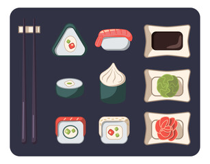Asian fast food vector illustration. Sushi Set.