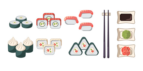 Asian fast food vector illustration. Sushi Set.
