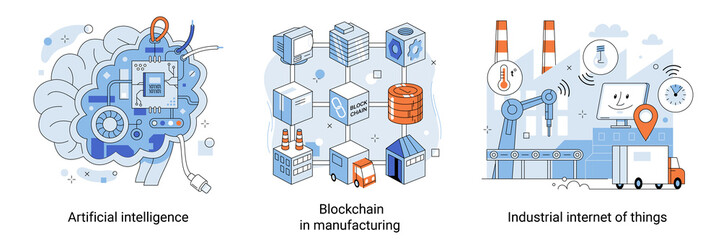 Futuristic factory work scheme. Industrial blockchain in manufacturing. Robot assembly, smart production metaphor. Use artificial intelligence and Internet of things technologies in global production
