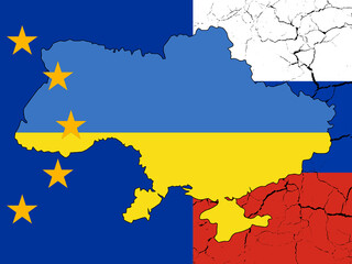 Map of Ukraine on the background of the flag of the European Union and russia