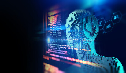 virtual Human with programming code on Metaverse background 3d illustration