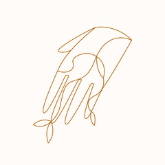 Obraz na płótnie Canvas Human hand with leaves. Nature connection. Vector line art illustration. 