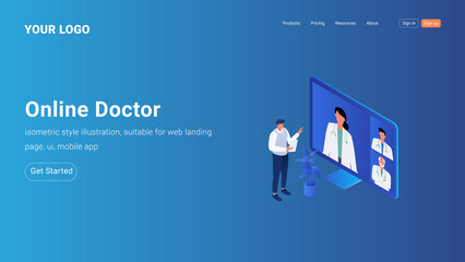Isometric Landing Page Template for Online Medical Service