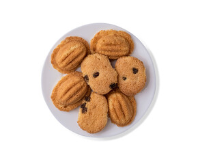 Top view mini castella cakes with rasins , Khanom Kai Thai traditional egg cakes in white plate on white background,studio shot,clipping path