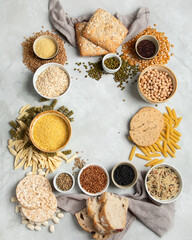 Best sources of carbs on light gray background.