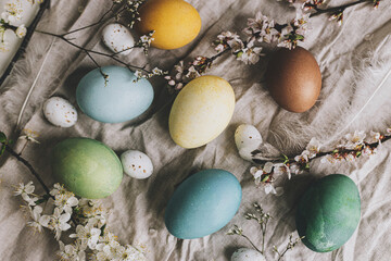 Stylish Easter eggs and cherry blossoms on rustic linen cloth flat lay. Happy Easter! Natural dyed colorful pastel eggs and spring flowers rustic composition. Greeting card
