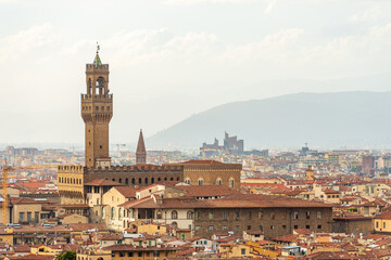 Fototapeta na wymiar Florence cityscape with the medieval Palazzo Vecchio (Old Palace - 1299), with the clock tower called Torre di Arnolfo, UNESCO world heritage site. Tuscany, Italy, southern Europe.