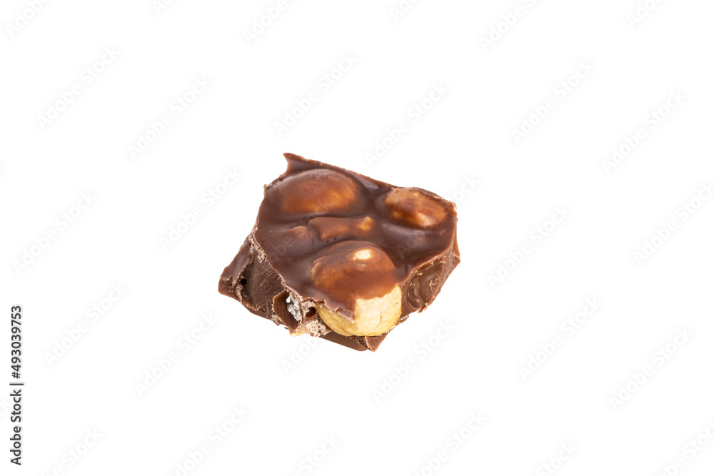 Poster piece of chocolate with peanuts isolated on white background
