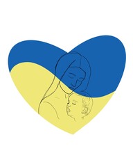 Mom and child - save Ukraine! No war! Russia, the aggressor country, attacked peaceful Ukraine. silhouette of a girl with a child and. yellow blue heart - national flag of Ukraine