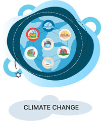 Global warming, climate change metaphor, natural disaster, deforestation, global heating, air pollution. Environmental accident on planet, ecological catastrophy warning icons world problem destroys