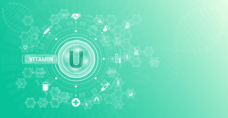 Vitamin U and Mineral supplements complex pharmaceutical capsule. Vitamins food sources and functions. Health care and science icon pattern medical innovation. On a green background. Vector EPS 10.