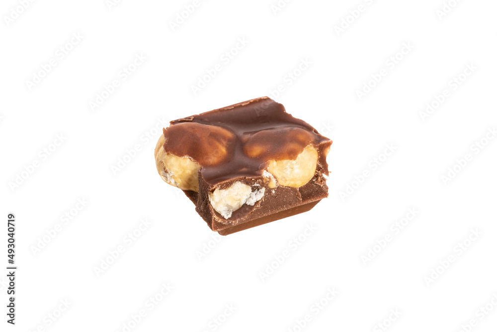 Poster piece of chocolate with peanuts isolated on white background