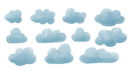 Watercolor blue Clouds set. Hand drawn illustration of sky. Cartoon baby sketch on white isolated background