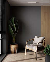 Wall mock up in black simple and minimal interior with wooden furniture and plant, 3d render
