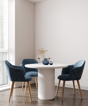 Interior design of modern dining room with blue furniture and white table, Scandinavian style