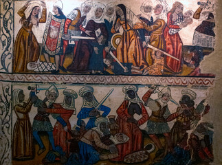 Fototapeta na wymiar Pinturas murales de la nave central, siglo 14. Detalle. Catedral de Mondoñedo. Provincia de Lugo, Galicia, España.