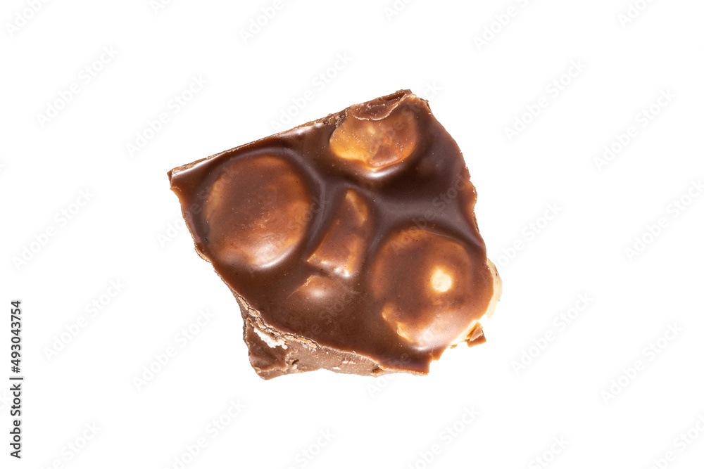 Poster piece of chocolate with peanuts isolated on white background