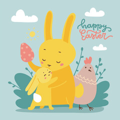 Obraz na płótnie Canvas Yellow baby bunny and adult rabbit kissing, hugging. Card template for easter or baby shower card. Hand drawn line art vector illustration with linear hand drawn lettering text.