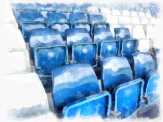 Blue sports seats in the stadium watercolor style illustration impressionist painting.