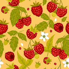 Seamless pattern with raspberries, leaves and flowers. Vector graphics.