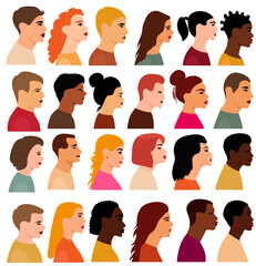 people portrait in profile set flat design , isolated, vector