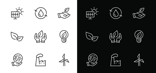 Ecology Icons set Vector icons contains solar panels as well as electricity, plant and factory, editable stroke. icons in minimalist style