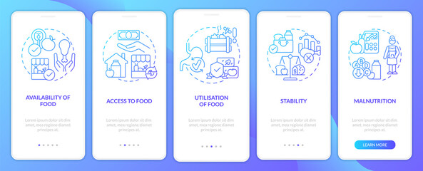 Food security definitions blue gradient onboarding mobile app screen. Walkthrough 5 steps graphic instructions pages with linear concepts. UI, UX, GUI template. Myriad Pro-Bold, Regular fonts used
