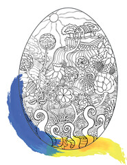 Easter egg vector black and white with rural scene and Ukraine flag