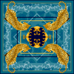 Leopard, jaguar wild big cat square frame, silk scarf design blue background. Baroque style pattern illustration for bandana, foulard, scarves, pillows, carpet... - 493047793