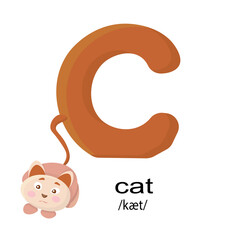 Alphabet with cute cartoon illustrations isolated on white background. Flashcard for children education. Illustration of cat and letter C