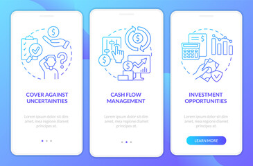 Benefits of insurance service blue gradient onboarding mobile app screen. Walkthrough 3 steps graphic instructions pages with linear concepts. UI, UX, GUI template. Myriad Pro-Bold, Regular fonts used