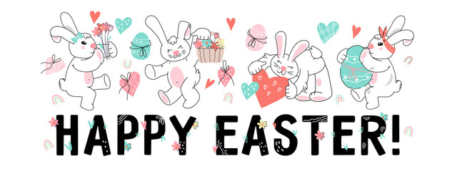 Easter greeting card layout with rabbits, doodle cartoon vector illustration isolated.