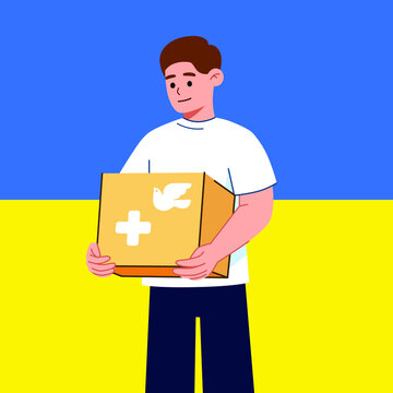 Humanitarian aid for Ukrainian refugees. Voluntary organization  giving cardboard boxes with donations 