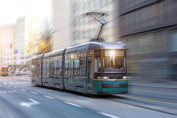City tram rides through the streets of the city at a motion speed effect. - obrazy, fototapety, plakaty