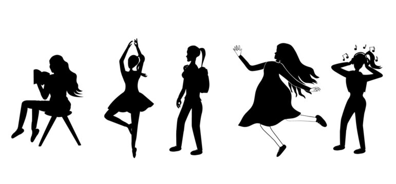 Different teenage girl silhouettes drawing pattern. Black Sketch teenage girl motions on white background. 