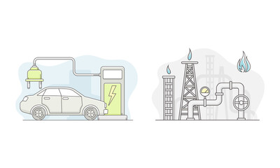 Oil drilling rig and electric car charging at charger station. Alternative renewable energy sources vector illustration